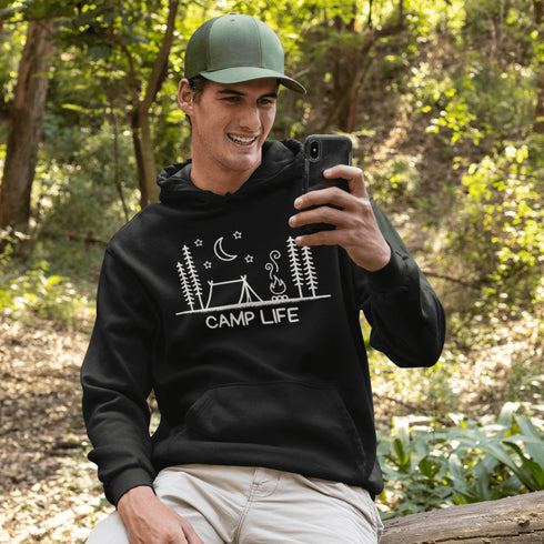 This cozy classic hoodie features a campsite-themed logo with the proud declaration: Camp Life—for those who believe marshmallows are a food group